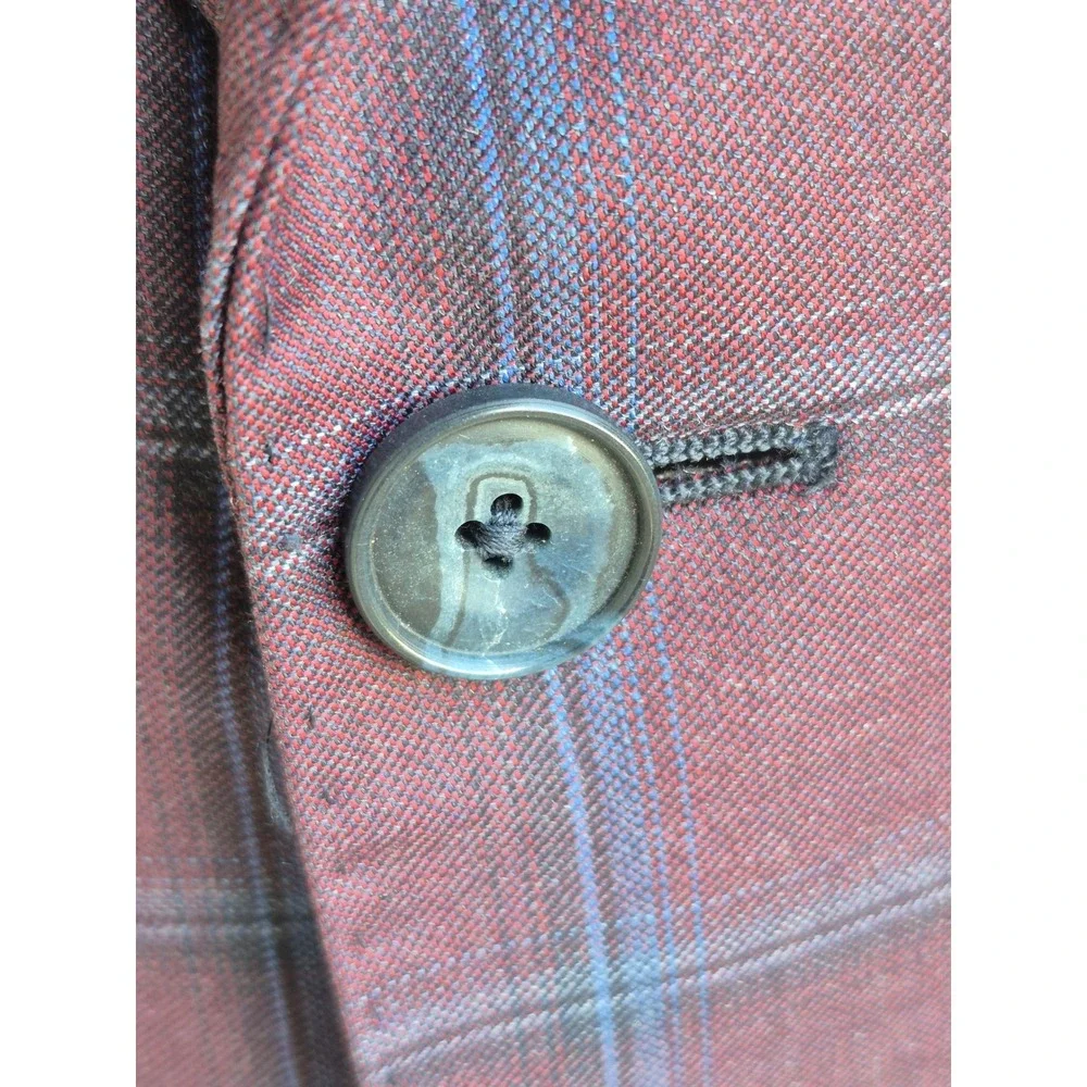 J. Hilburn Burgundy Blue Plaid Wool Sport Coat Blazer Portugal Custom 50 R L‎
